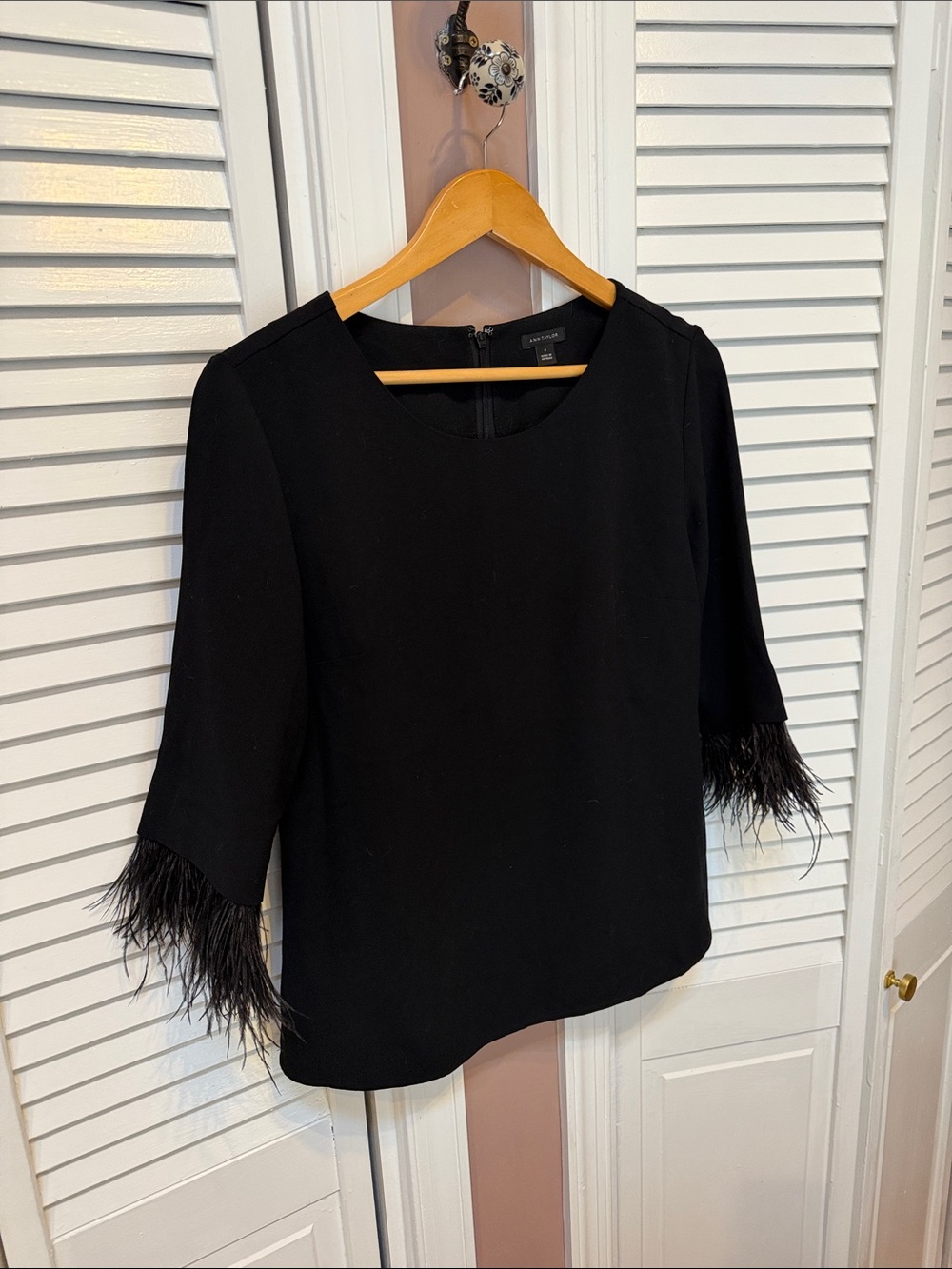 Ann Taylor Black Feather-Trim Three-Quarter Sleeve Top
